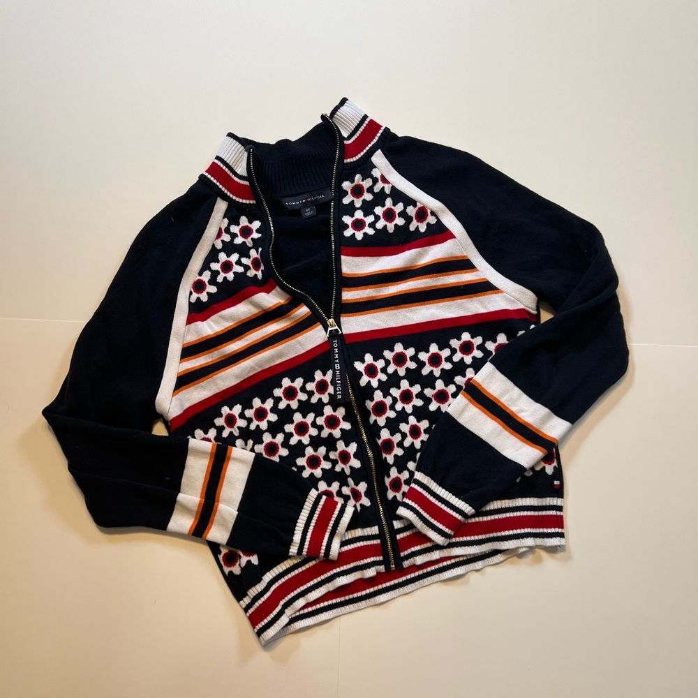 Tommy Hilfiger Tight-Knit Floral Striped Zip Up Sweater with Mock Neck
